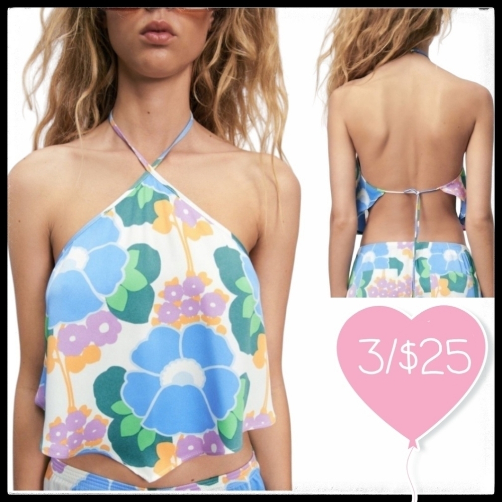 NWT Zara Retro 70s Floral Halter Top - Hanky Hem Backless Scarf Top XS Festival
